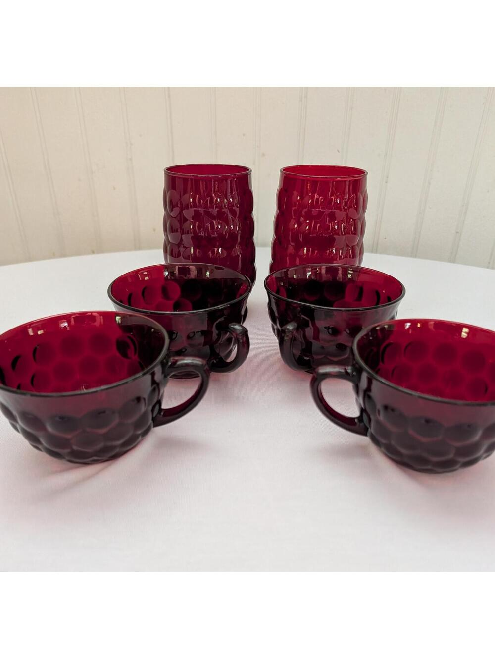 Vintage Anchor Hocking Ruby Red BubbleGlass Cups and Mugs Set
